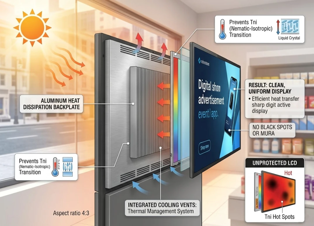 Thermal management and aluminum heat dissipation backplates in commercial LCD displays preventing black spots and Tni transition in hot retail storefronts Thermal management and aluminum heat dissipation backplates in commercial LCD displays preventing black spots and Tni transition in hot retail storefronts